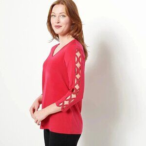 Susan Graver Liquid Knit V-Neck 3/4 Sleeve Top with Lace Trim-Hibiscus Women's S